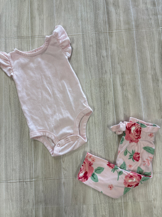 12m Pink/White Striped Onesie + (different brand) Light Pink Floral Legging Set