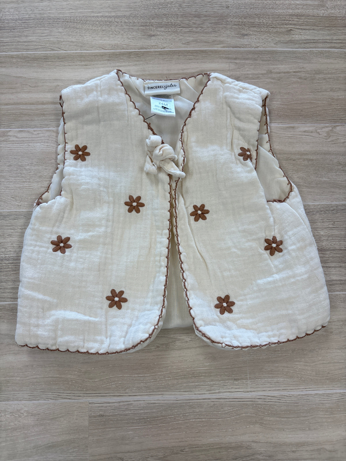 24m Cream Gauze Vest With Brown Floral Detail