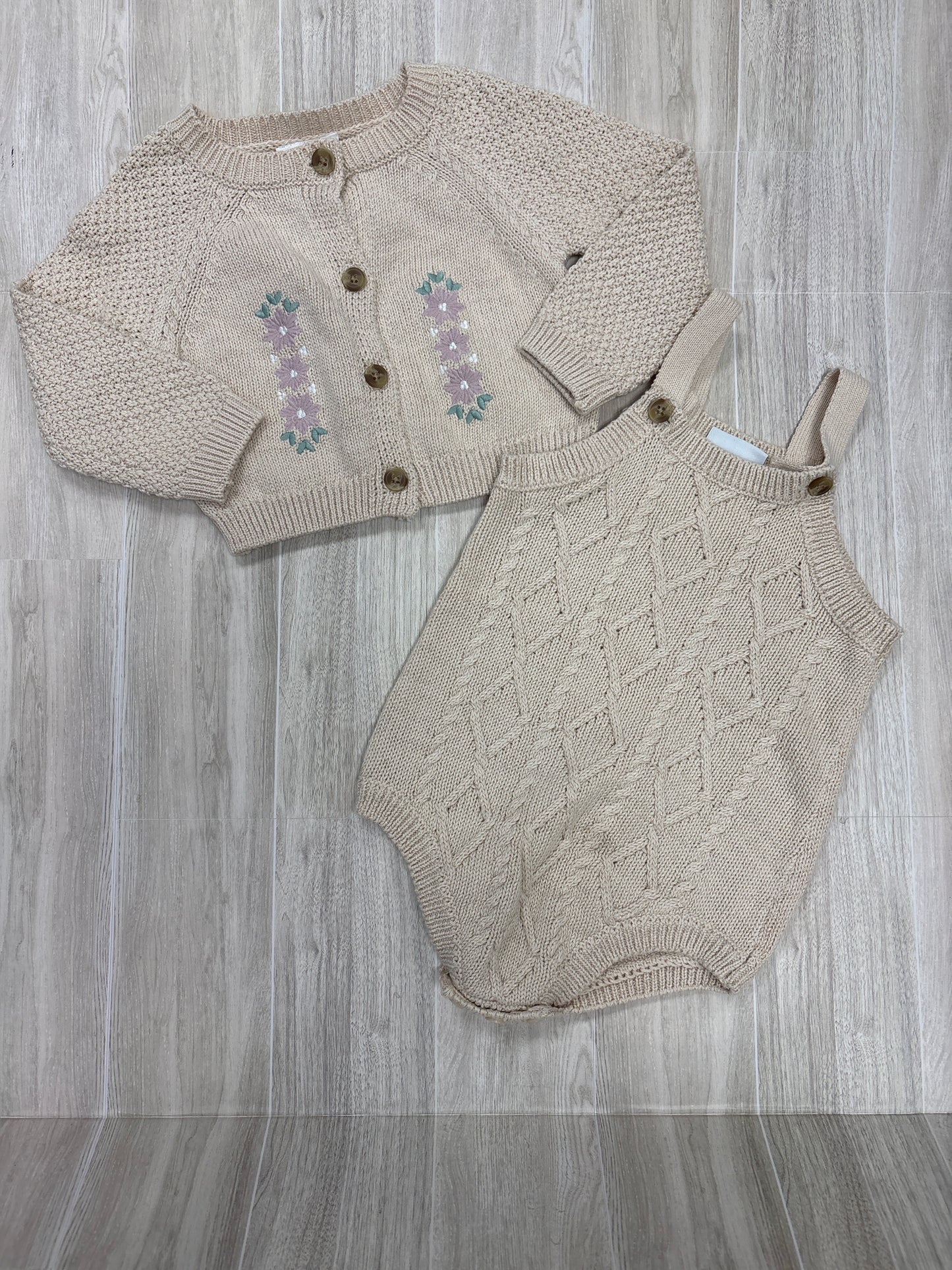 NWT 18m Cream Floral Knit Cardigan + Knit Overall Romper Set