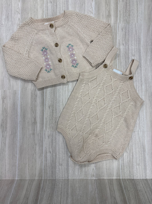 NWT 18m Cream Floral Knit Cardigan + Knit Overall Romper Set