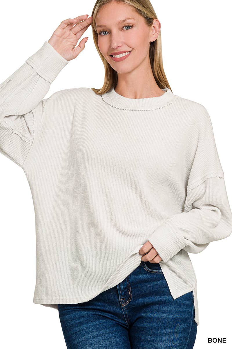 Brushed Ribbed Exposed Seam Drop Shoulder Sweater  - Bone