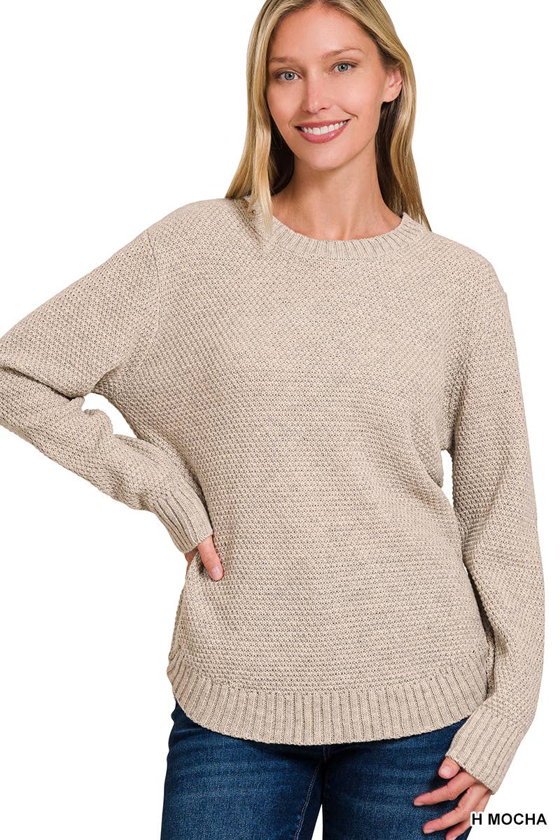 Round Neck Basic Sweater - Heathered Mocha