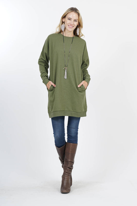 Two-pocket oversize round neck fleece sweatshirt: LtOlive