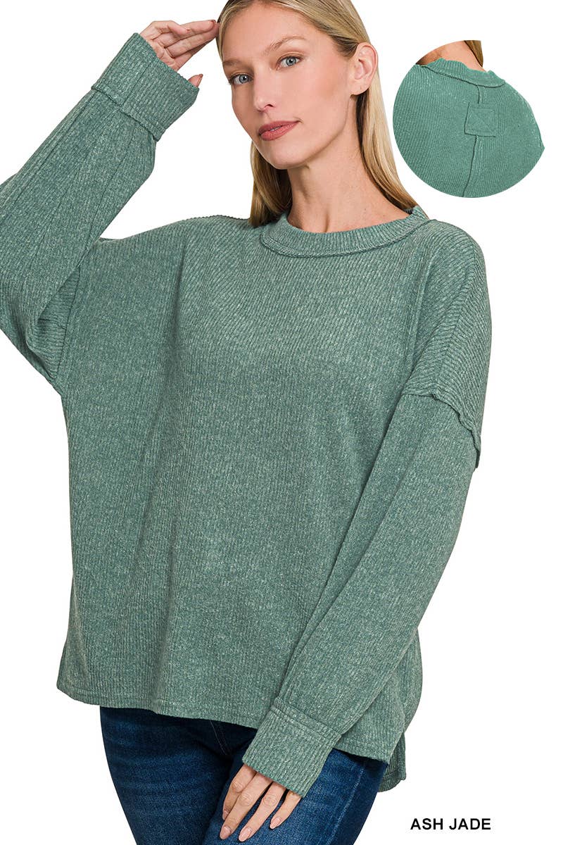 Brushed Ribbed Exposed Seam Drop Shoulder Sweater - Ash Jade