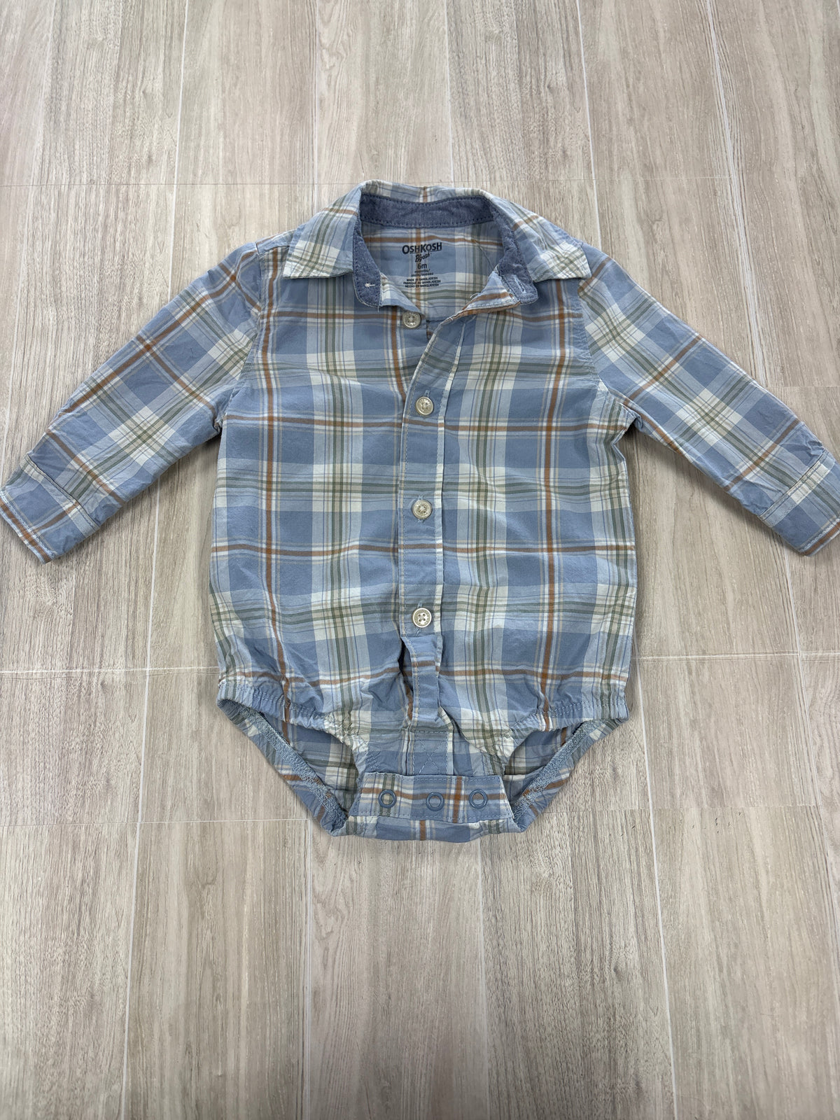 6m OshKosh Light Blue Plaid Button Up Long Sleeve Onesie