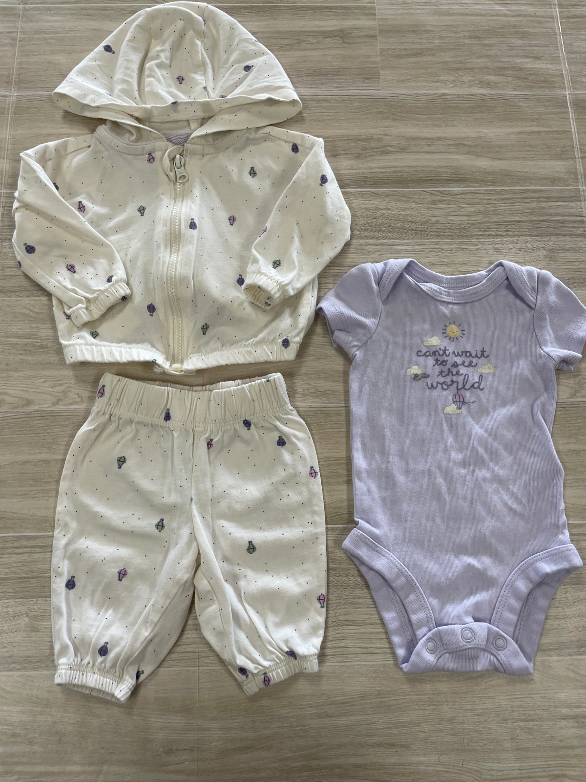 Newborn Cant Wait To See The World Cream/Purple 3 Piece Set