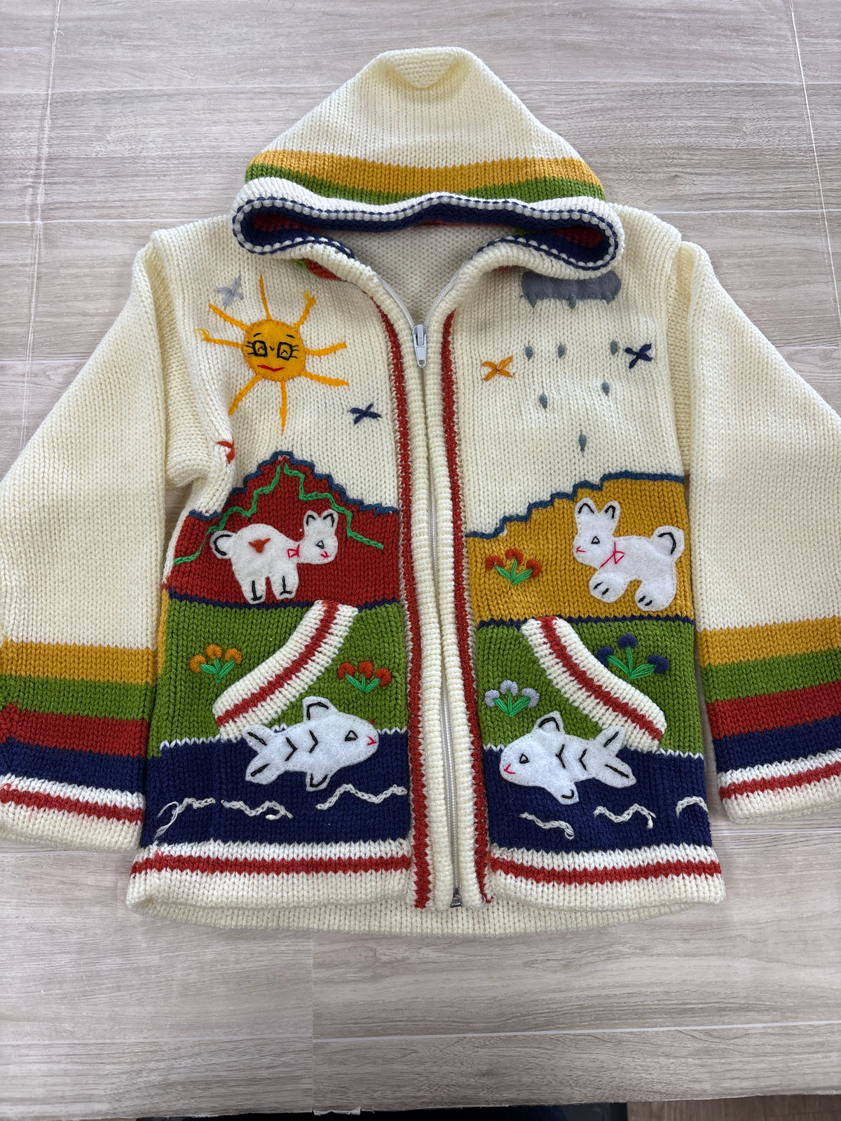 5/6 Cream Knit Handmade Embroidered Hooded Sweater