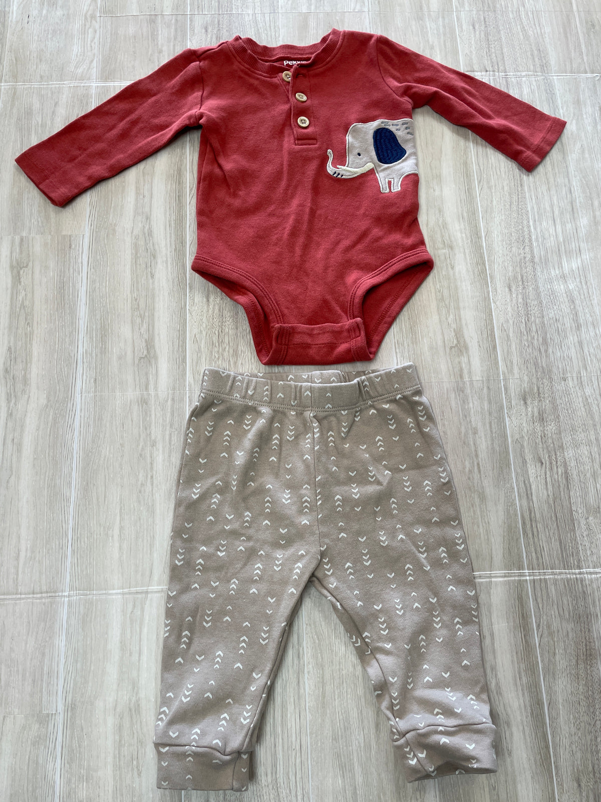 6m Rust Elephant Onesie + Cream Printed Joggers