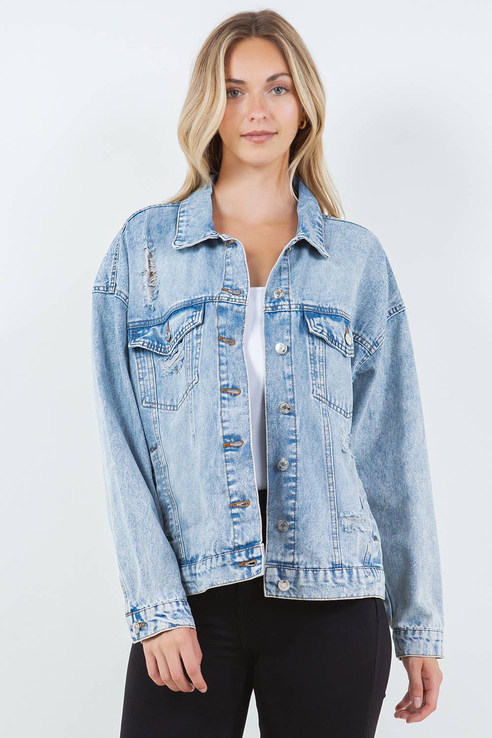 Relaxed, Distressed, Oversized Denim Jacket - Light Wash