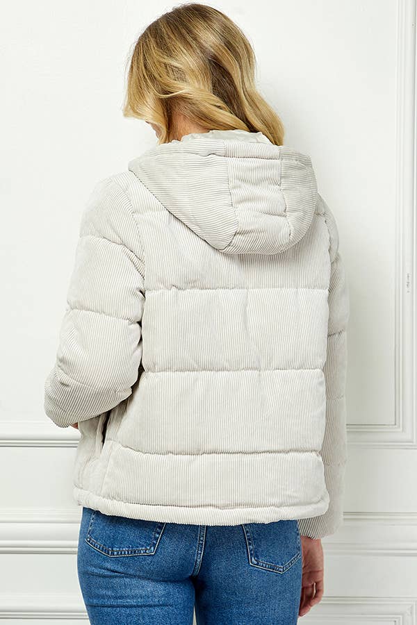 Hooded Quilted Cordoury Puffer Jacket - Bone