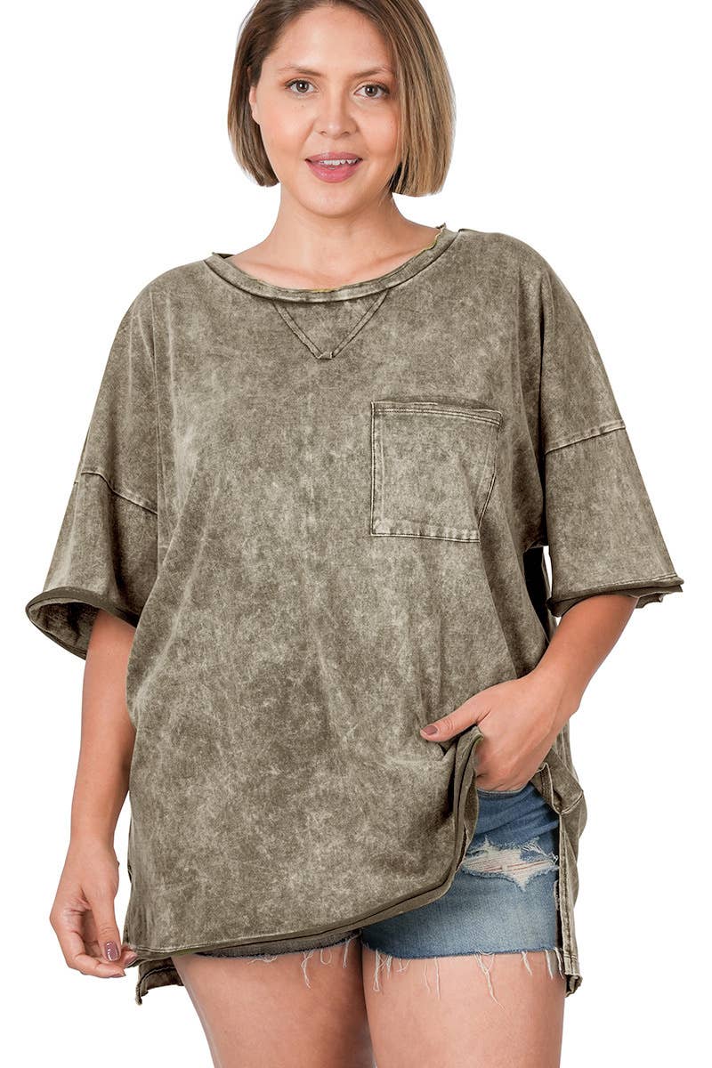 Plus Size Acid Wash Drop Shoulder Front Pocket: MOCHA GREY/ 1X