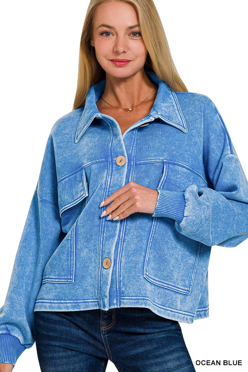 Acid Wash Fleece Front Pocket Cropped Shacket | OCEAN BLUE