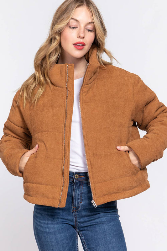 HIGH NECK CORDUROY PUFFER JACKET: Camel