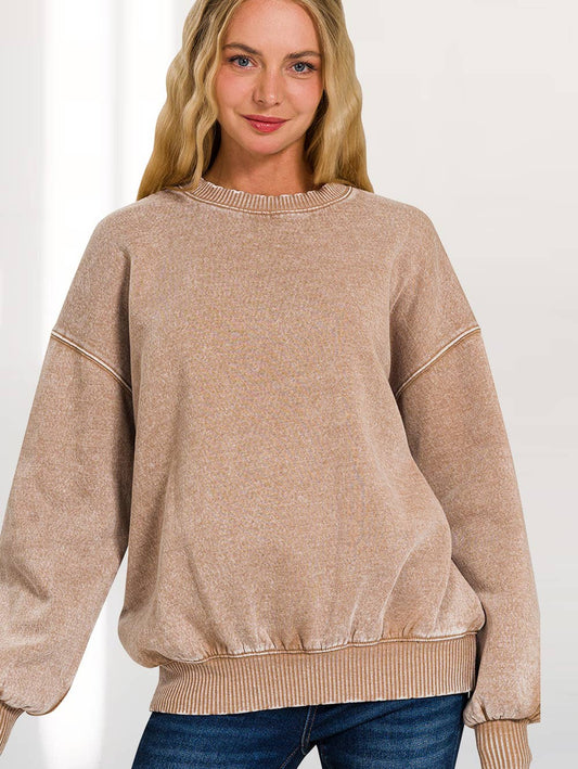 Acid Wash Fleece Oversized Pullover: DEEPCAMEL- S