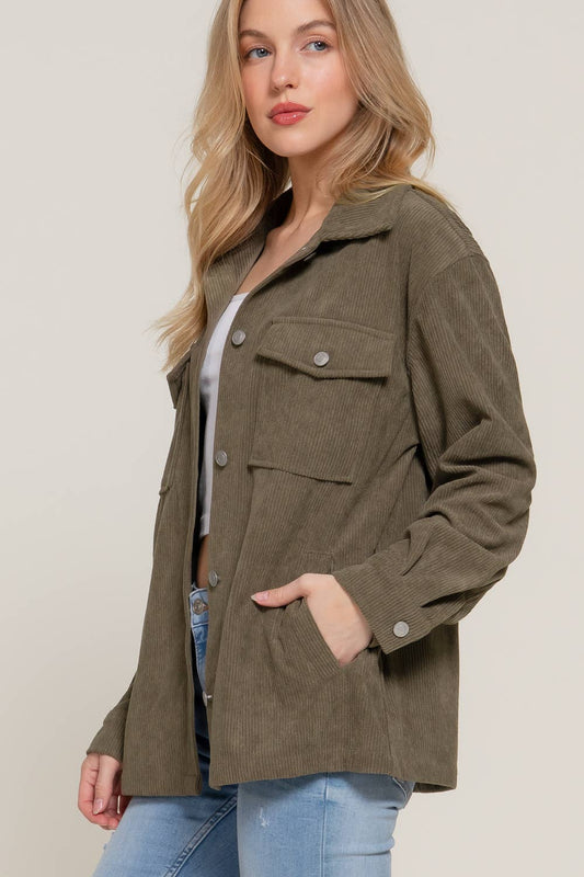 Long Sleeve Button Down Corduroy Jacket | Olive