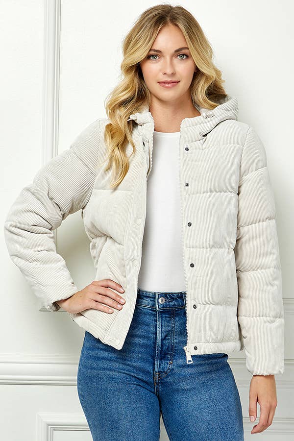 Hooded Quilted Cordoury Puffer Jacket - Bone