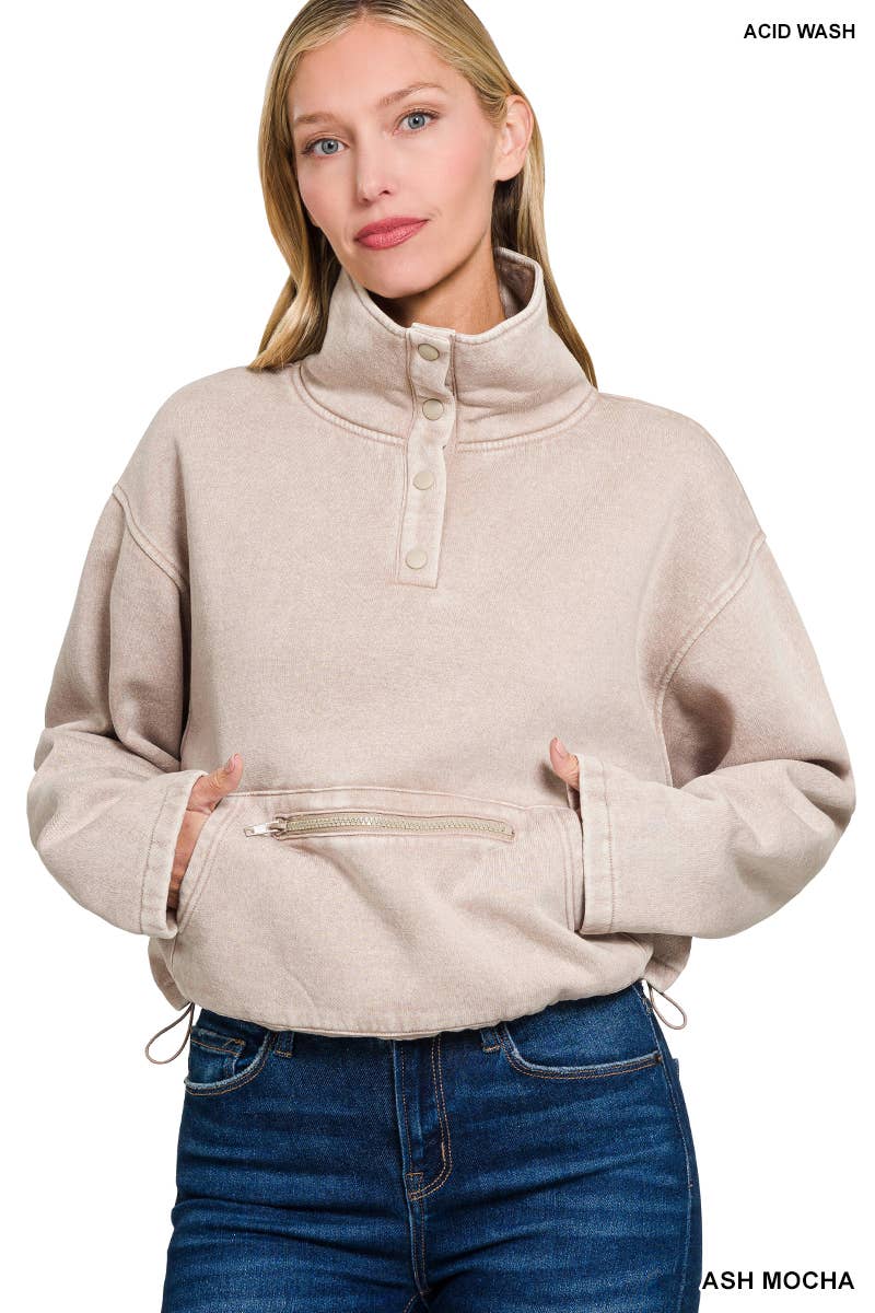 Acid Wash Fleece Half Snap Pullover with Kangaroo Pocket - Ash Mocha